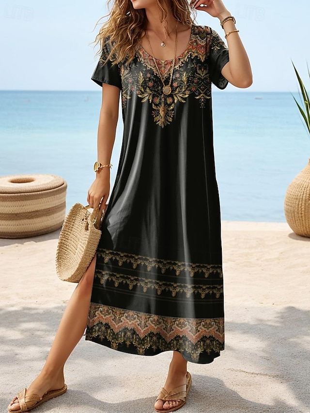  Robe Maxi Femme Robe Décontractée Robe T-shirt Robe Tee Robe d'été Bohémienne Rendez-vous Coupe Régulière Géométrique Manches Courtes Col Rond Noir Gris Foncé Été