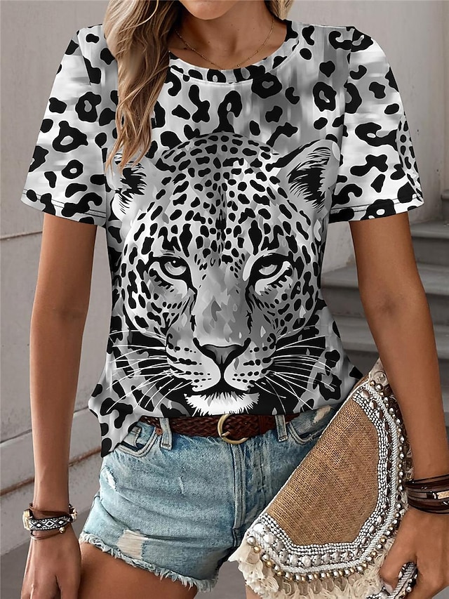  Mulheres Camiseta Leopardo Diário Final de semana Imprimir Azul Manga Curta Moda Gola Redonda Verão