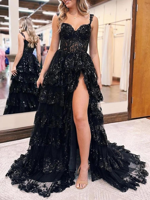  syrenka czarne sukienki na studniówkę gorsety sukienka dla gościa weselnego wieczorne przyjęcie tren sądowy bez rękawów odsłonięte ramiona tiul z cekinowym rozcięciem 2024