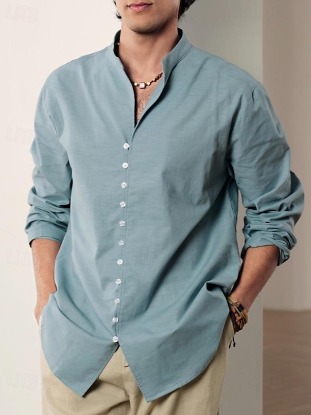  camisa de lino para hombre camisa con estampado de lino 55% azul manga larga estampados gráficos ancla cuello alto verano primavera ropa de calle al aire libre
