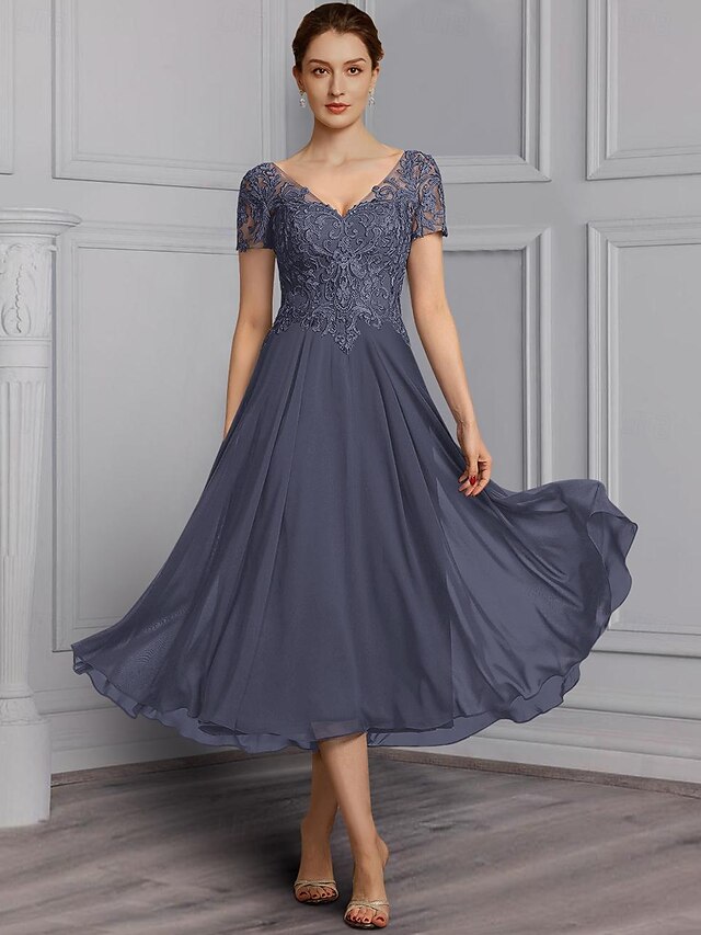 A-Line Mother of the Bride Dress Elegant Plus Size V Neck Tea Length ...