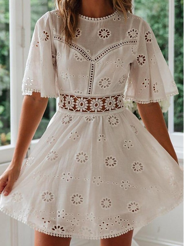  Women's Casual Dress Mini Dress Backless Eyelet Date Streetwear Basic Crew Neck Short Sleeve White Color