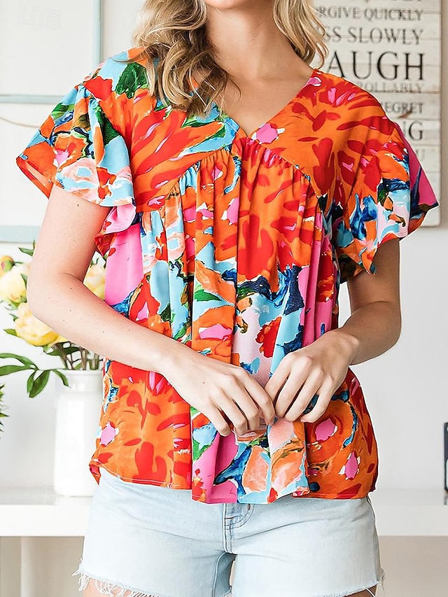  Pentru femei Cămașă Bluză Grafic Casual Imprimeu Roșu-aprins Manșon scurt Modă În V Vară