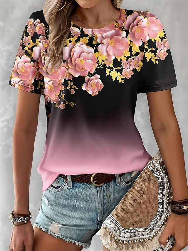  女性用 Tシャツ フラワー カラーグラデーション プリント 日常 週末 ファッション 半袖 クルーネック ピンク 夏