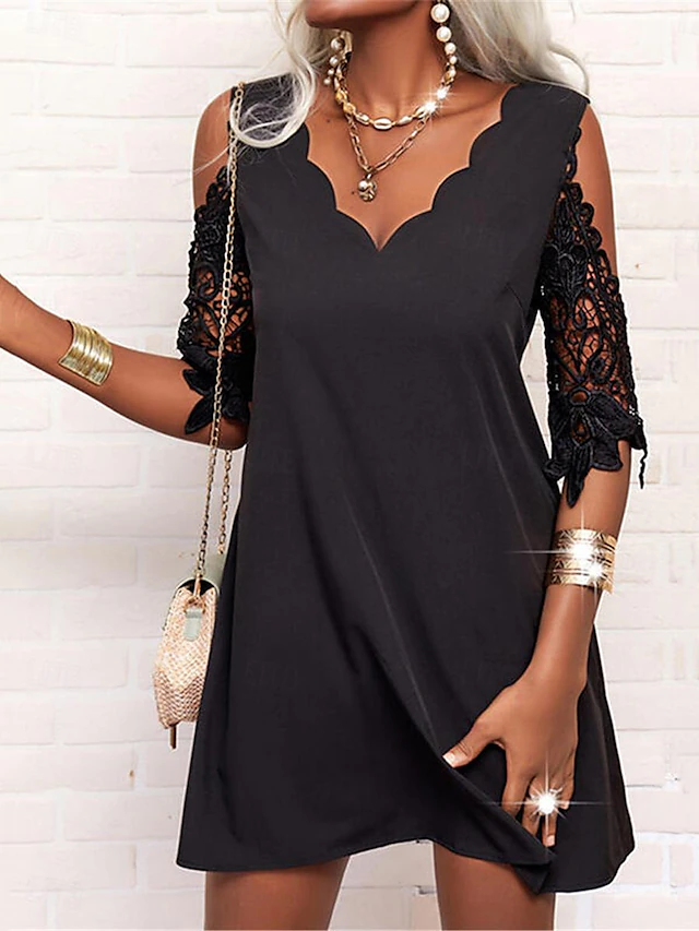 Women's Mini Dress Black Dress Lace Dress Casual Dress Cocktail Dress Vacation Streetwear Party Wedding Date Loose Fit 3/4 Length Sleeve V Neck Black Summer 6