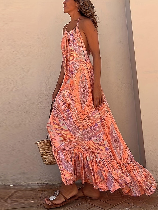  Γυναικεία Δετοβαμένο Λαιμός Μακρύ Φόρεμα Μάξι Φόρεμα Χαβανέζα Παραλία Αμάνικο Καλοκαίρι