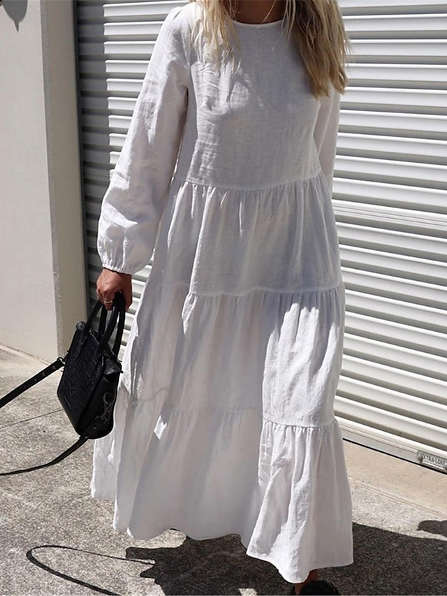  Damen Weißes Kleid Casual kleid Baumwoll-Leinenkleid Maxikleid Rüsche Basic Täglich Rundhalsausschnitt Langarm Sommer Frühling Schwarz Weiß Glatt