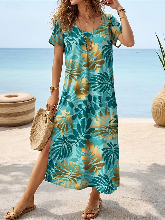 Damen Casual kleid Sweatkleid Blatt Tropisch Gespleisst Bedruckt Rundhalsausschnitt kleid lang Verabredung Kurzarm Sommer