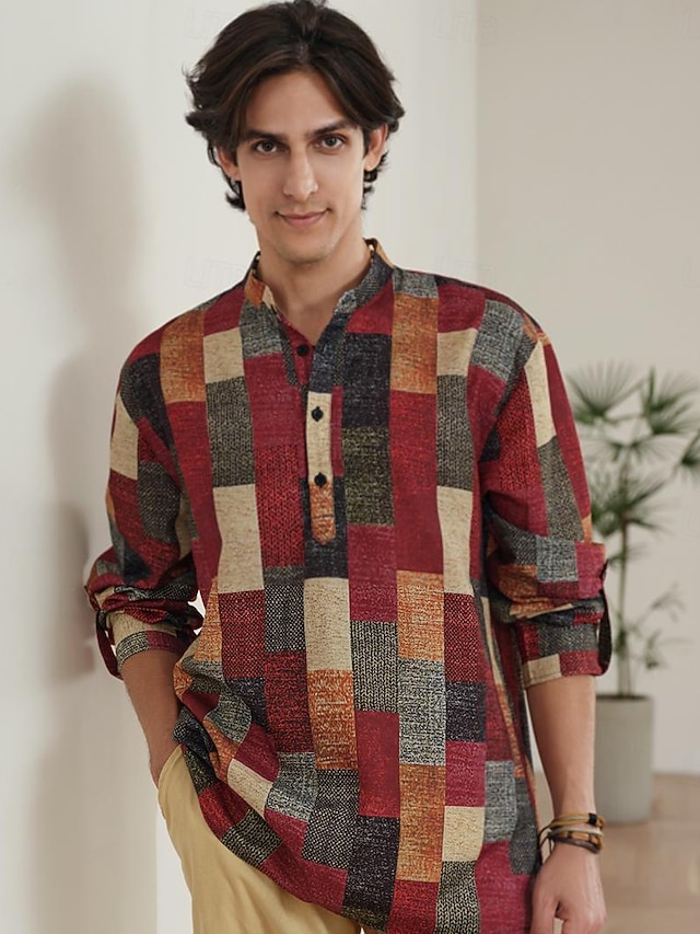  Men's Shirt Casual Shirt Plaid / Check Graphic Prints Geometry Stand Collar Yellow Outdoor Street Long Sleeve Print Clothing Apparel Fashion Streetwear Designer Casual