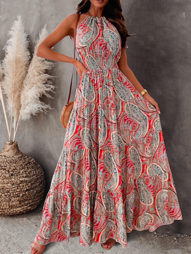  Dame Lang kjole Maxikjole Uformell kjole Boho elegante kjoler Boho-kjole Bohem Gatemote A-linje Feriereise Gate Ferie Normal Blomstret Paisly Ermeløs Grimehals Rød Blå Sommer