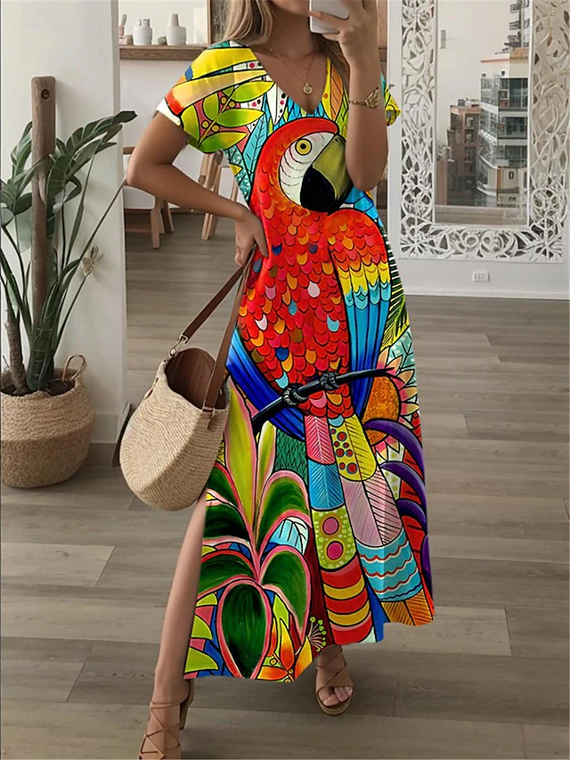 Women's Maxi Dress Casual Dress Sundress Shift Dress Streetwear Hawaiian Maxi Drop Shoulder Vacation Street Holiday Loose Fit Floral Animal Short Sleeve V Neck Pink Red Summer 6