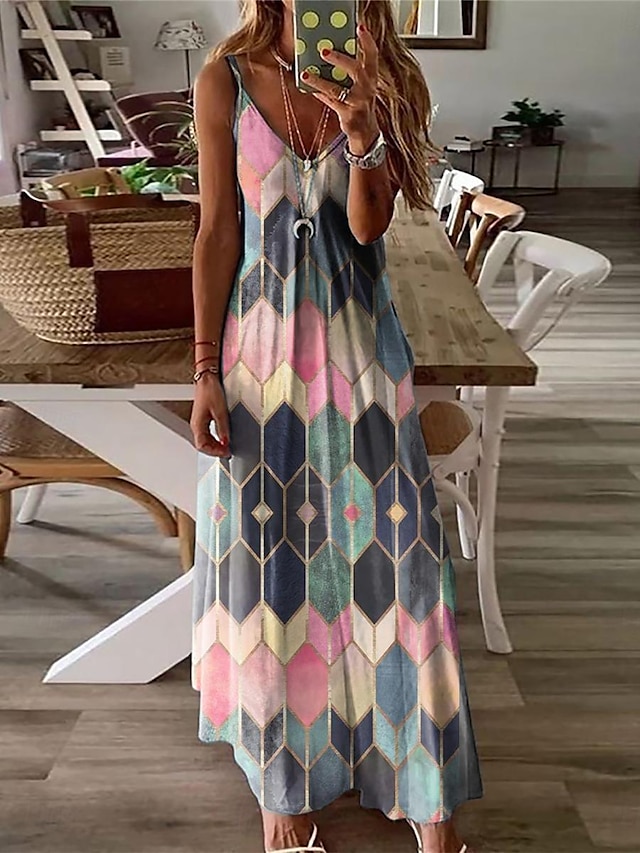  Women's Casual Dress Geometric Color Block Print Strap Long Dress Maxi Dress Bohemia Vacation Sleeveless Summer
