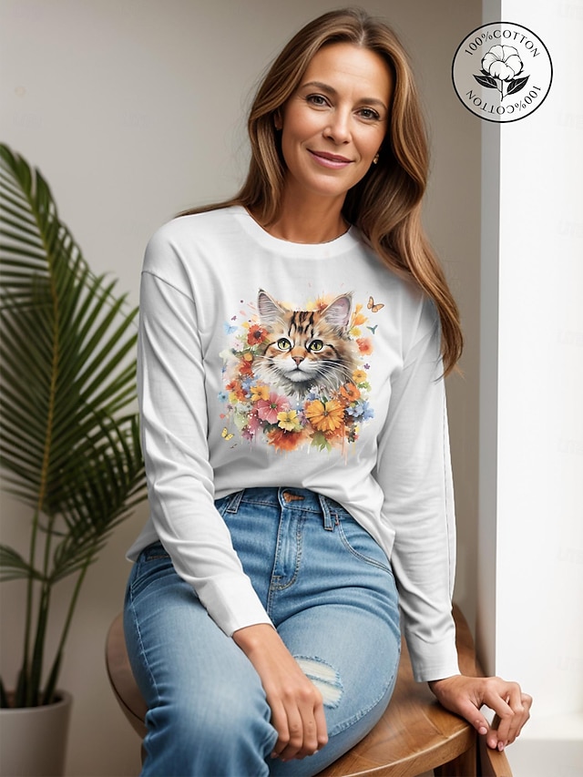 Damen T Shirt 100% Baumwolle Blumen Tier Katze Heim Casual Täglich Schwarz Langarm Druck Rundhalsausschnitt Ganzjährig