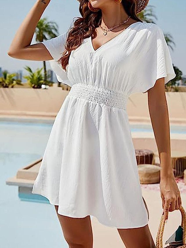  Women's White Dress Mini Dress Ruched Date Streetwear V Neck Short Sleeve Black White Color