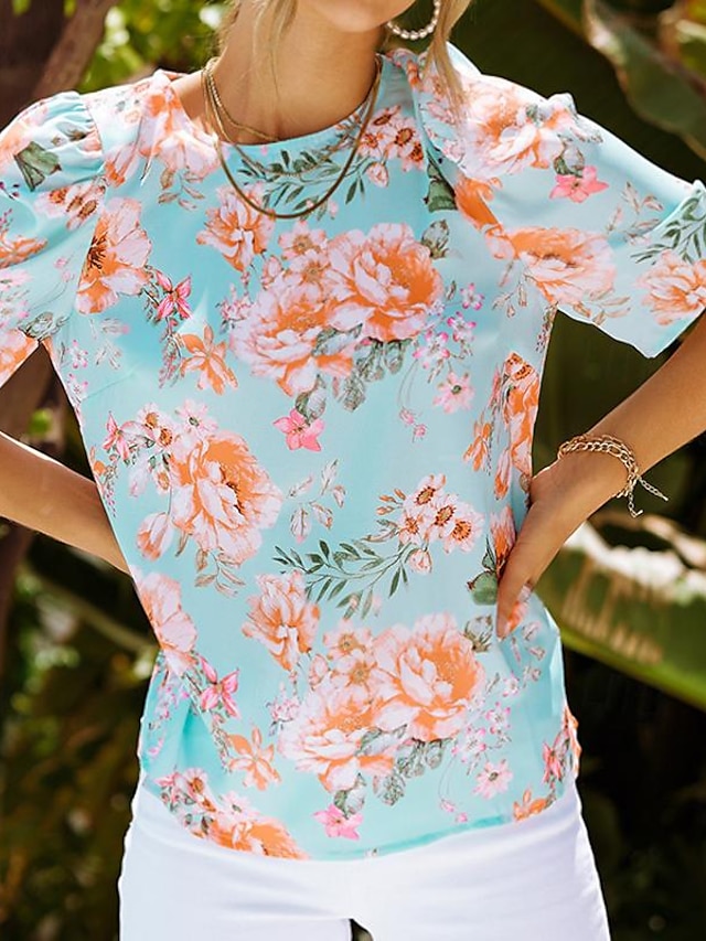 Naisten T-paita Kukka Painettu Kausaliteetti Pyhäpäivä Muoti Lyhythihainen Pyöreä kaula-aukko Sininen Kesä
