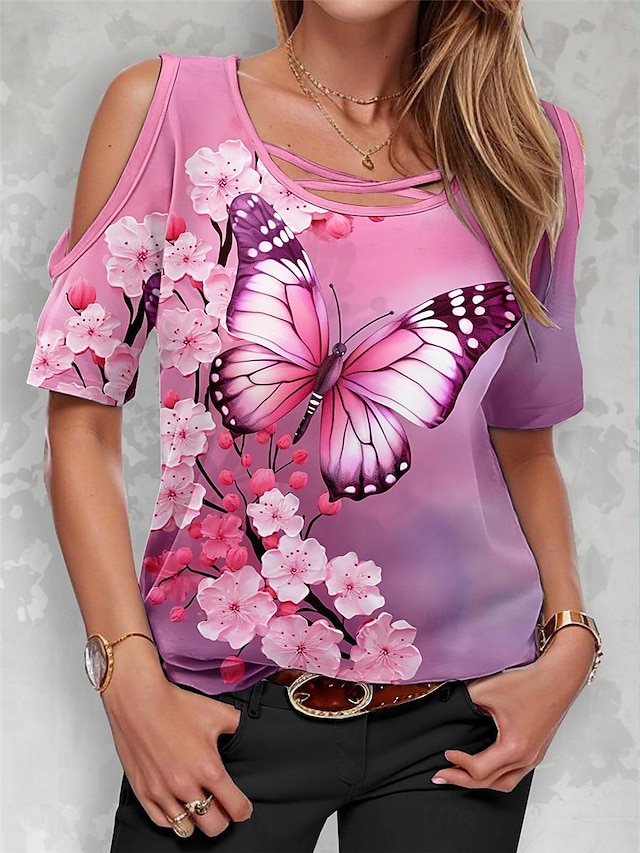  Women's T shirt Tee Floral Butterfly Cut Out Print Daily Weekend Fashion Short Sleeve Crew Neck Pink Summer