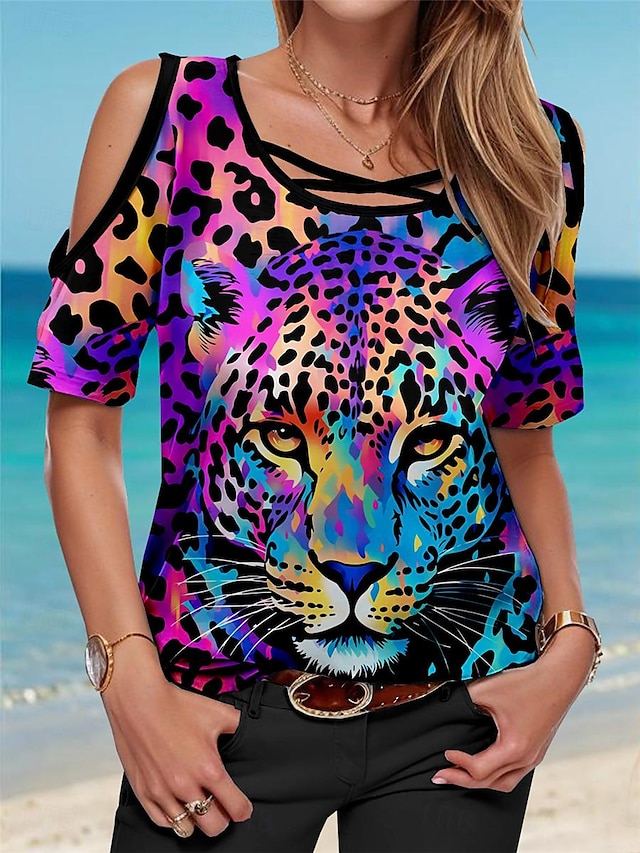  Women's T shirt Tee Leopard Daily Weekend Cut Out Print Blue Short Sleeve Fashion Crew Neck Summer