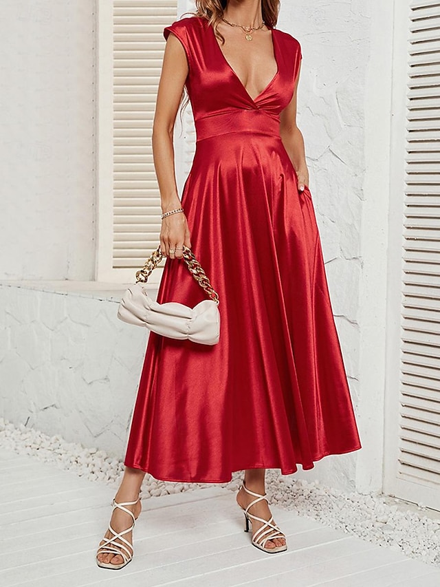  نسائي لباس غير رسمي فستان طويل ماكسي مكشكش زفاف مناسب للحفلات أنيق مثيرة V رقبة بدون كم أحمر بني أخضر اللون