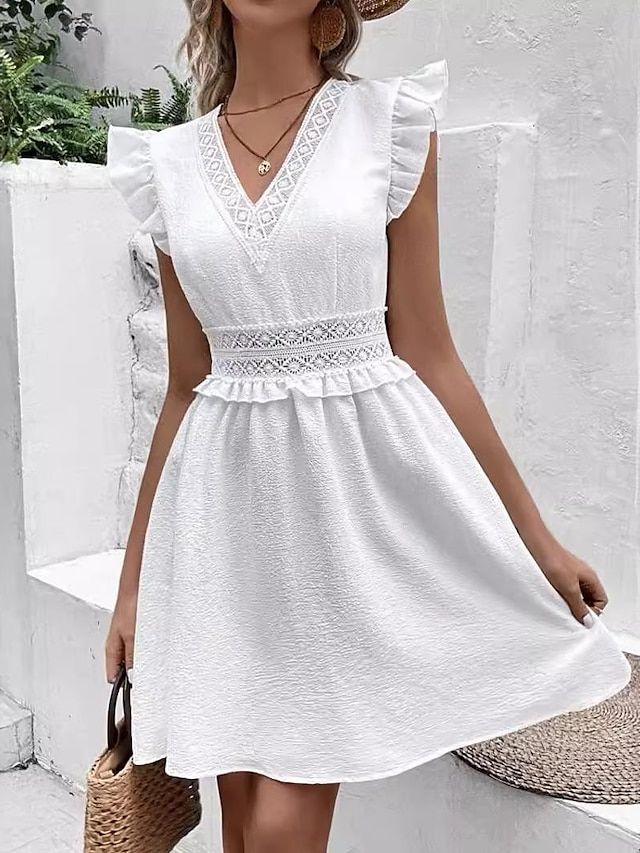  Γυναικεία Λευκό φόρεμα Μίνι φόρεμα Βαμβάκι Δαντέλα Με Βολάν Ημερομηνία Κομψό στυλ street Λαιμόκοψη V Αμάνικο Λευκό Χρώμα