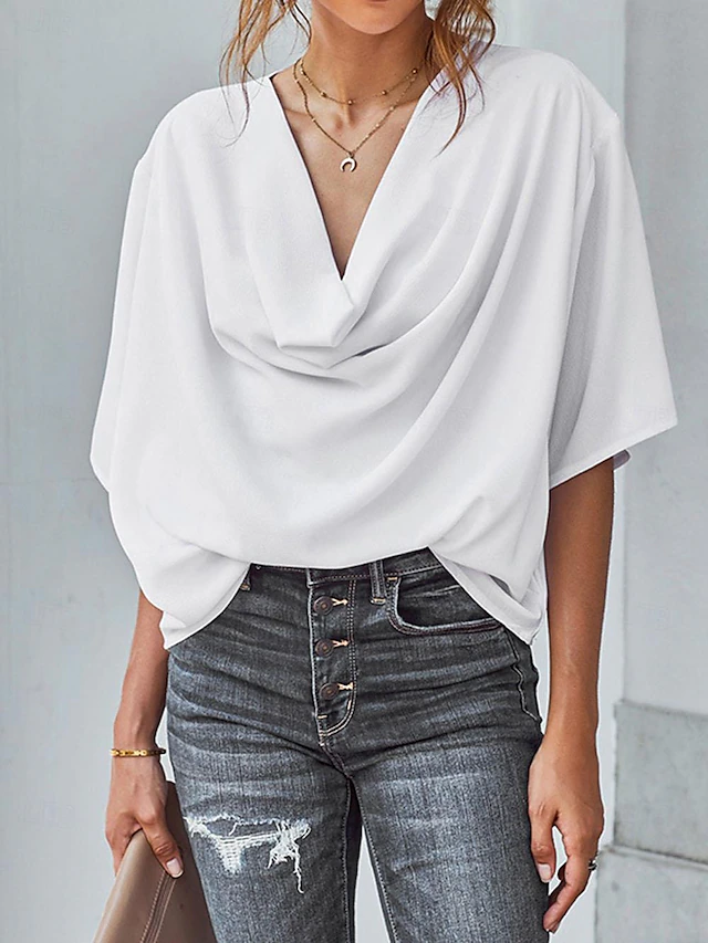 Shirt Blouse Women's Black White Wine Solid Color Ruched Street Daily Fashion V Neck S 10