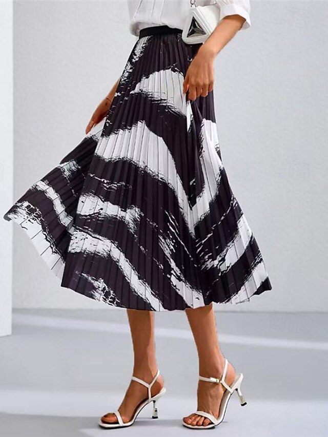  Women's Skirt A Line Midi High Waist Skirts Ruched Pleated Print Color Block Abstract Date Spring, Fall, Winter, Summer Elegant Fashion Black And White Blue and White Navy Apricot