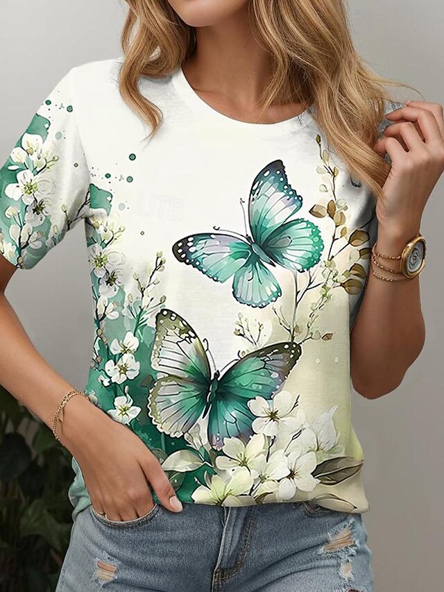 Women's T shirt Tee Butterfly Print Holiday Weekend Basic Short Sleeve ...