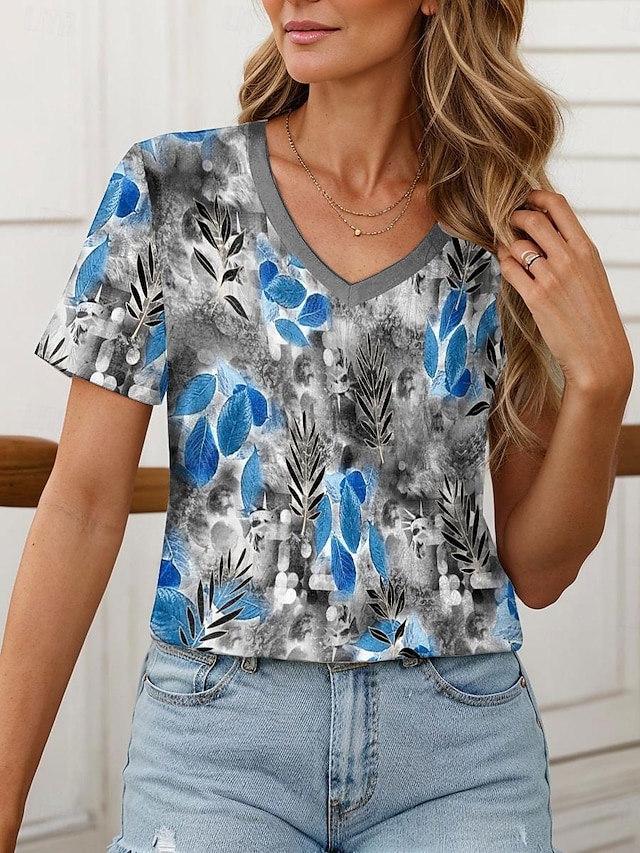  Women's T shirt Tee Leaf Home Casual Holiday Print Gray Short Sleeve Vintage Fashion V Neck Summer