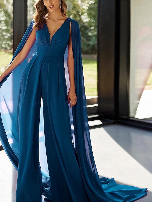  salopetă / costum pantaloni rochie pentru mama miresei invitată de nuntă formală elegantă epocă cu decolteu în V lungime șifon detasabil fără mâneci cu pliuri culoare uni 2024 rochie de invitat de nuntă albastră