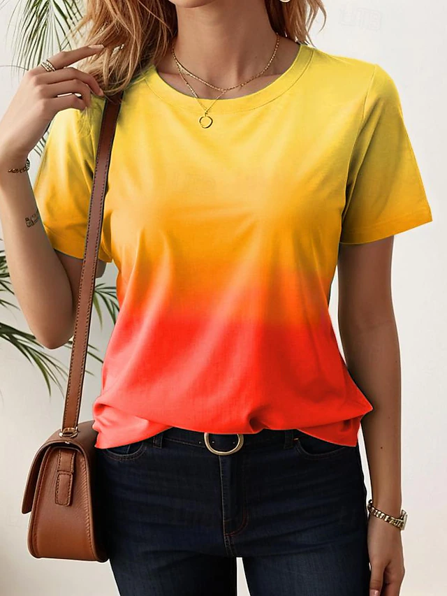 Women's T shirt Casual Ombre Round Neck Yellow Red Gradient Short Sleeve Soft Stretchy Daily Summer Basic Tops 14