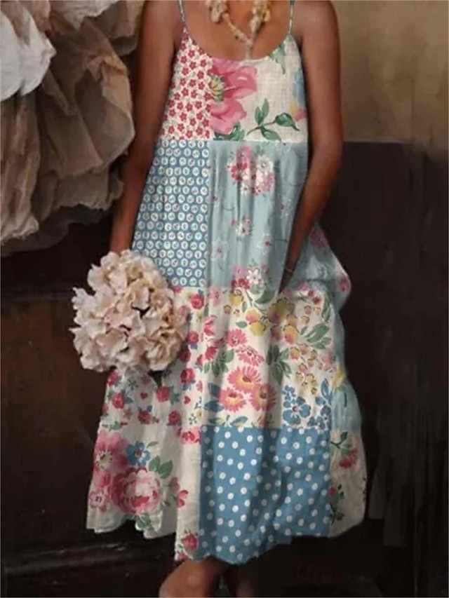  dámské boho maxi šaty špagetový pásek patchwork geometrické květinové potisky ležérní plážové letní šaty vícebarevné volné velikosti jarní letní oblečení