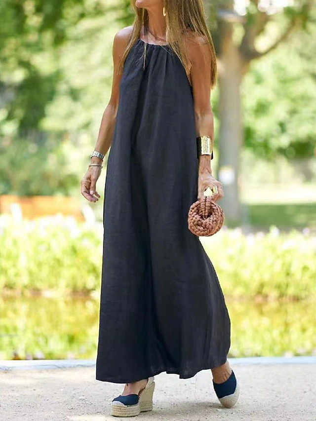 Women's Black Brown Summer Spring Maxi long Dress Cotton Linen Dresses Casual Dress Strap Dress Basic Modern Daily Weekend Loose Fit Plain Spaghetti Strap 8