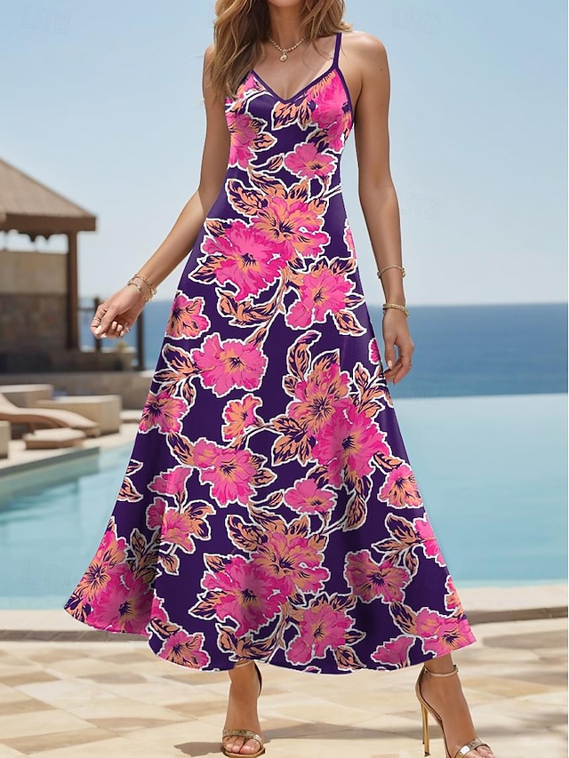  Γυναικεία Φλοράλ Στάμπα Τιράντες Μακρύ Φόρεμα Μάξι Φόρεμα Στυλάτο Διακοπές Αμάνικο Καλοκαίρι