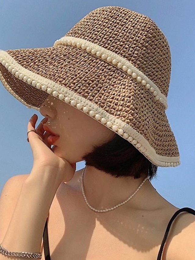  Sombrero de paja con adorno de perlas de imitación, sombreros elegantes de color sólido para el sol, sombreros de playa de viaje plegables a la moda para mujeres y niñas