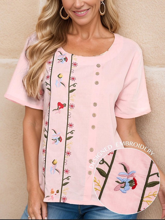  Women's Summer Tops 100% Cotton Floral Work Casual Holiday Embroidered Button Pink Short Sleeve Daily Ladies Casual Round Neck Autumn / Fall Spring & Summer