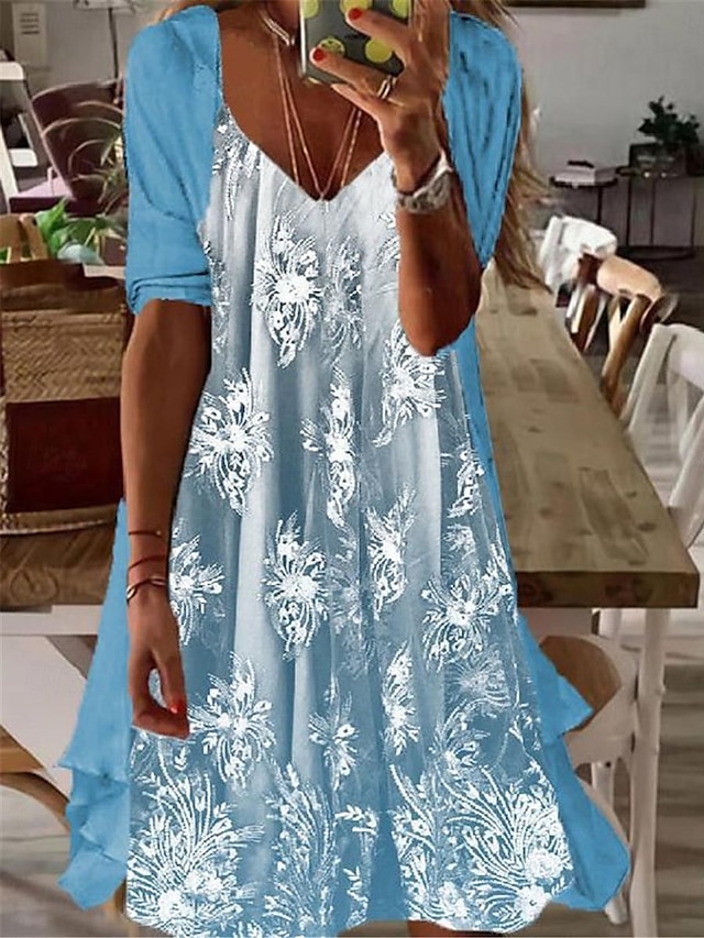 Mujer Conjunto de vestido de dos piezas Vestido informal Vestido lencero Vestido Estampado Exterior Cita Moda Moderno Estampado Vestido Midi Escote en Pico Manga 3/4 Floral Holgado Rosa Azul Piscina