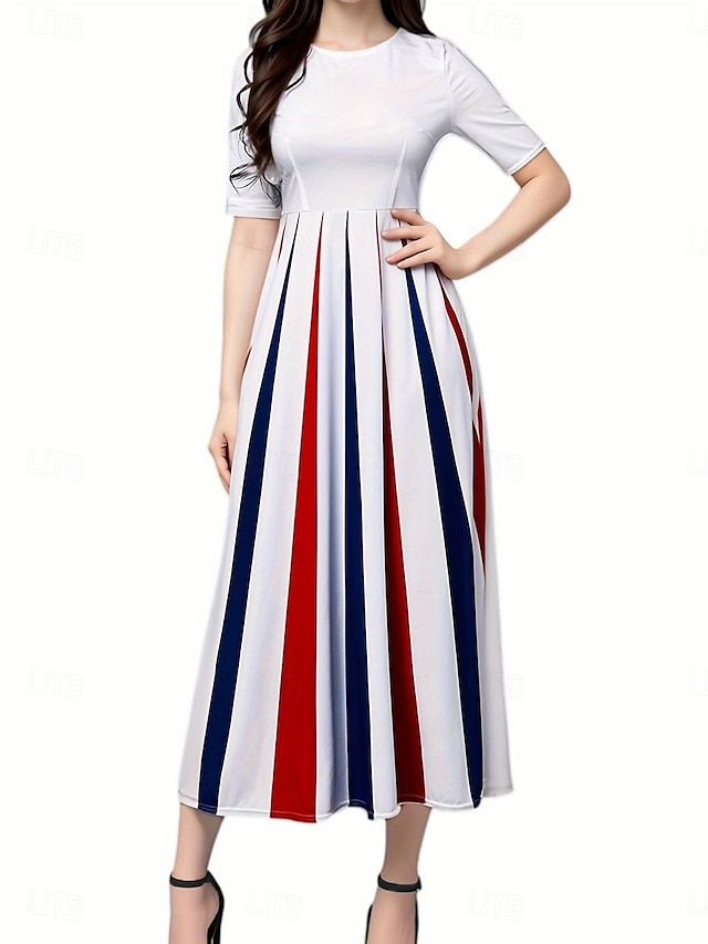  Women's Stripe Pleated Crew Neck Long Dress Maxi Dress Elegant Stylish Party Date Short Sleeve Summer