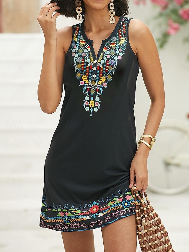  Women's Black Dress Shirt Dress Print Notched Neck Midi Dress Vintage Ethnic Vacation Sleeveless Summer