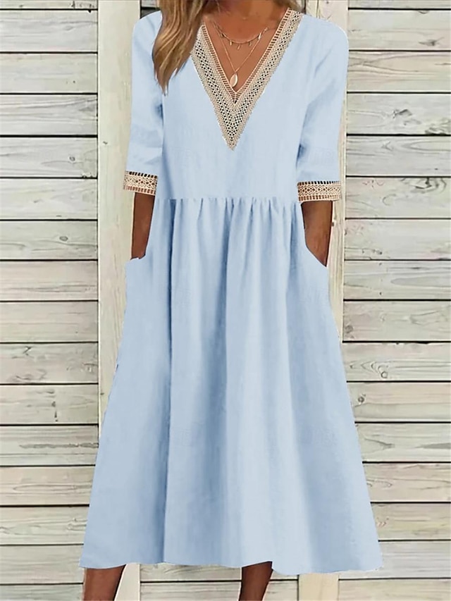  Women's Casual Dress Cotton Linen Dress Midi Dress Patchwork Basic Daily V Neck Half Sleeve Summer Spring White Navy Blue Plain