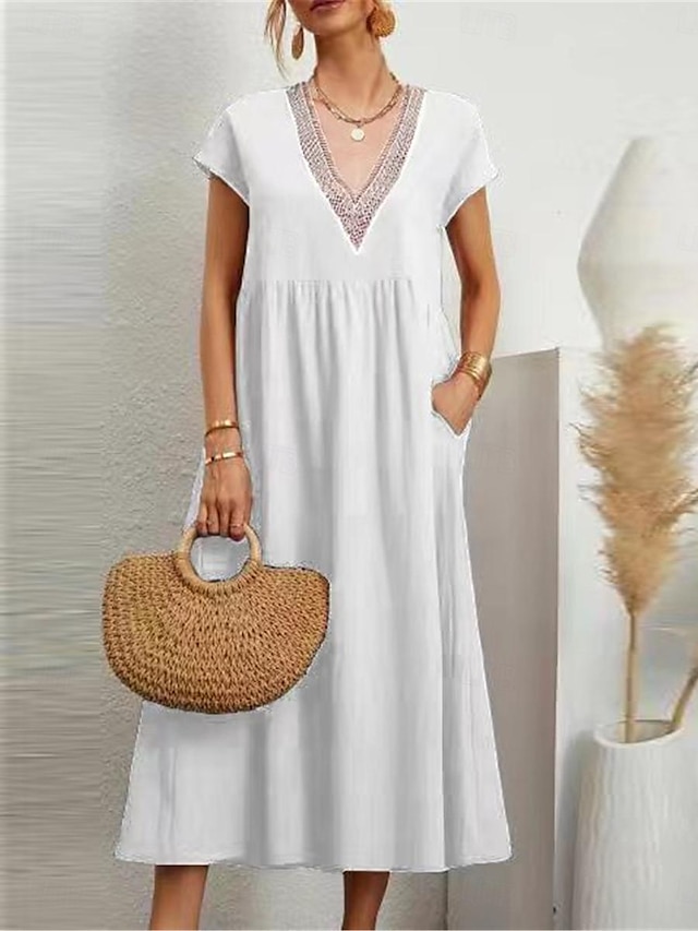  Women's White Dress Casual Dress Cotton Linen Dress Midi Dress Patchwork Pocket Basic Daily V Neck Short Sleeve Summer Spring Black White Plain