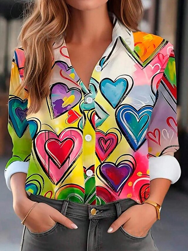  Per donna Camicia Blusa Con cuori San Valentino Informale Pulsante Stampa Arcobaleno Manica lunga Di tendenza Colletto Estate Primavera