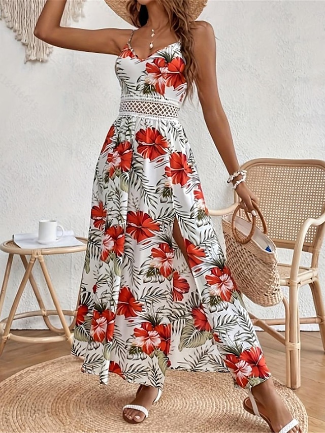  Γυναικεία Καθημερινό φόρεμα Φόρεμα σε γραμμή Α Σλιπ Φόρεμα Φλοράλ Σκίσιμο Στάμπα Τιράντες Μακρύ Φόρεμα Μάξι Φόρεμα Τροπικό Χαβανέζα Διακοπές Αμάνικο Καλοκαίρι
