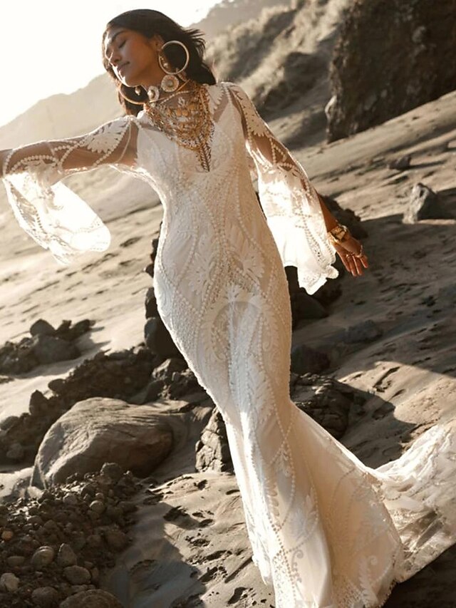 Beach Boho Wedding Dress Puff Sleeve V Neck Bridal Gown