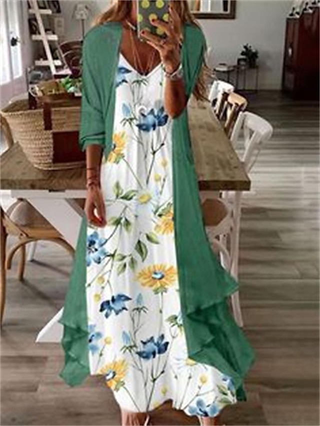  Women's Two Piece Dress Set Casual Dress Print Dress Outdoor Vacation Fashion Casual Print Long Dress Maxi Dress V Neck 3/4 Length Sleeve Floral Loose Fit Light Yellow Light Green Blue Summer Spring