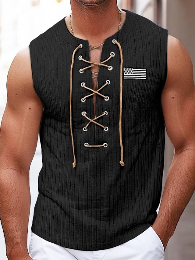  Men's Tank Top Vest Top Undershirt Sleeveless Shirt Ribbed Knit tee Plain American Flag Pit Strip V Neck Outdoor Going out Sleeveless Lace up Clothing Apparel Fashion Designer Muscle