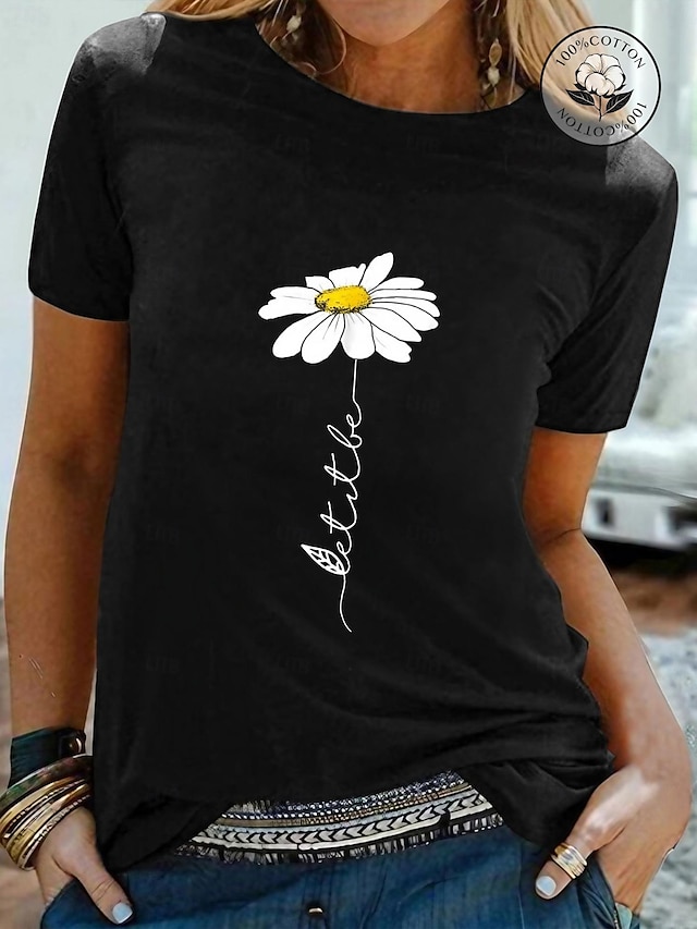  Women's T shirt Tee 100% Cotton Black White Yellow Graphic Daisy Print Short Sleeve Daily Going out Basic Round Neck Regular 100% Cotton Floral S