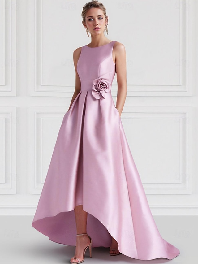  Robe de cocktail trapèze élégante, tenue formelle pour invités de mariage, longueur au sol, sans manches, col bateau, robe rose en satin avec poche, 2024