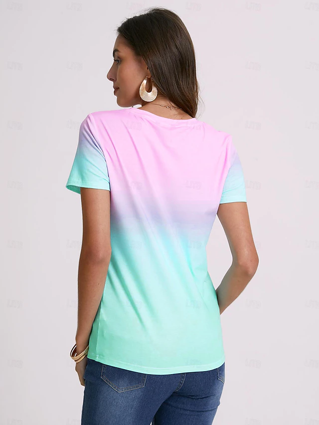 Women's T Shirt Print Ombre Color Gradient Fashion Short Sleeve Round ...