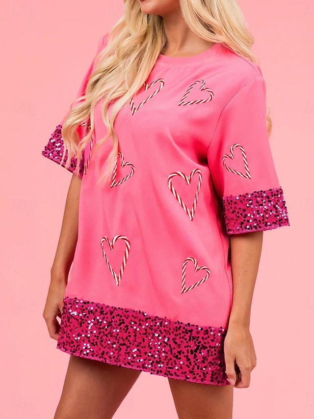 女性用 Tシャツ ハート スパンコール カジュアル 日常 ファッション 近代の ハーフスリーブ クルーネック ピンク 夏