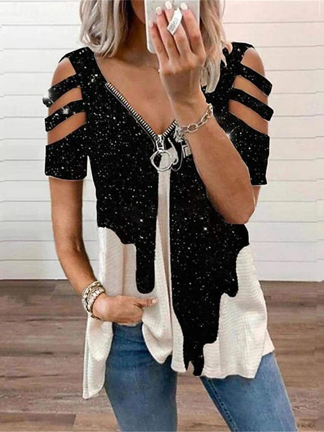 Women's Tunic Top Cold Shoulder Short Sleeve Galaxy Zip Front Asymmetrical Hem Casual Spring Fall Black White Loose Fit Clothing Apparel 7
