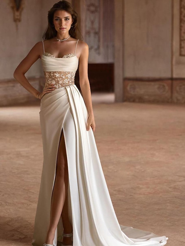  Beach Formal Boho Wedding Dresses A-Line Scoop Neck Spaghetti Strap Sweep / Brush Train Satin Bridal Gowns With Pleats Beading 2024